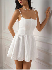 Cyflymder  Women's Adjustable Strap Backless Jacquard Mini Dress Double Layer Fishbone Ruched Fashion Casual Holiday Short Dresses