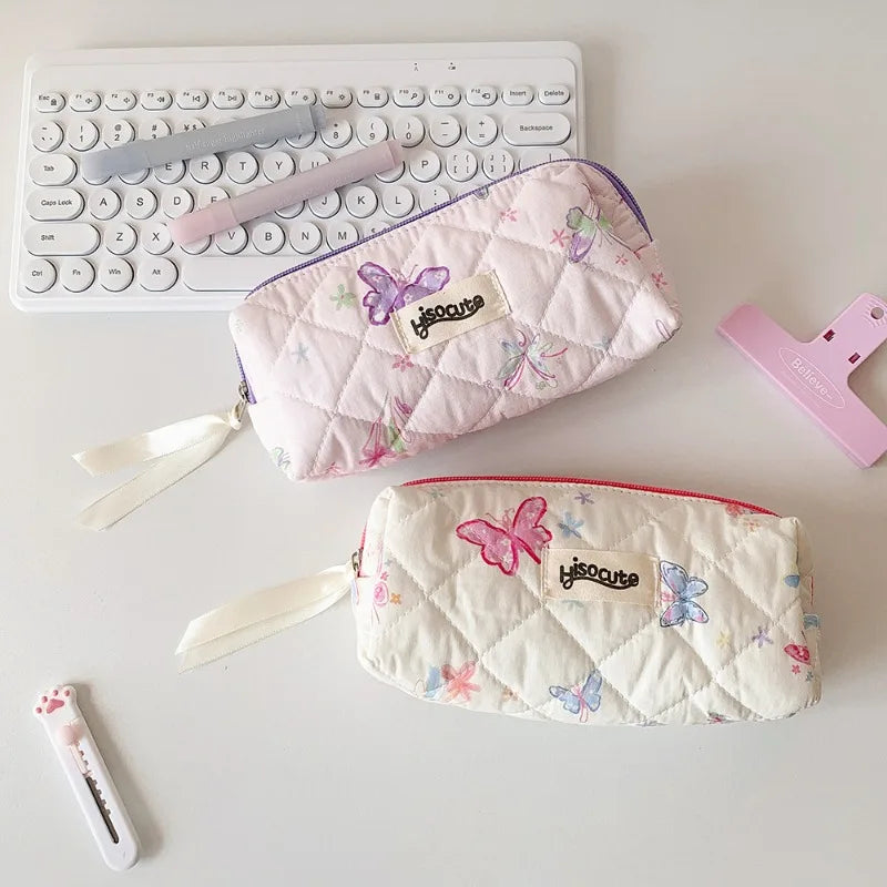Cyflymder  1 Piece Korean Fashion Aesthetic Butterfly Pencil Case Print Floral Pink Purple Color Stationery Storage School Student Pen Bag