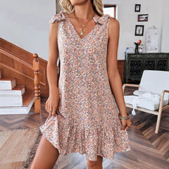 Cyflymder  Spring and Summer New Women's Clothing V-neck Bow Floral Vest Dress