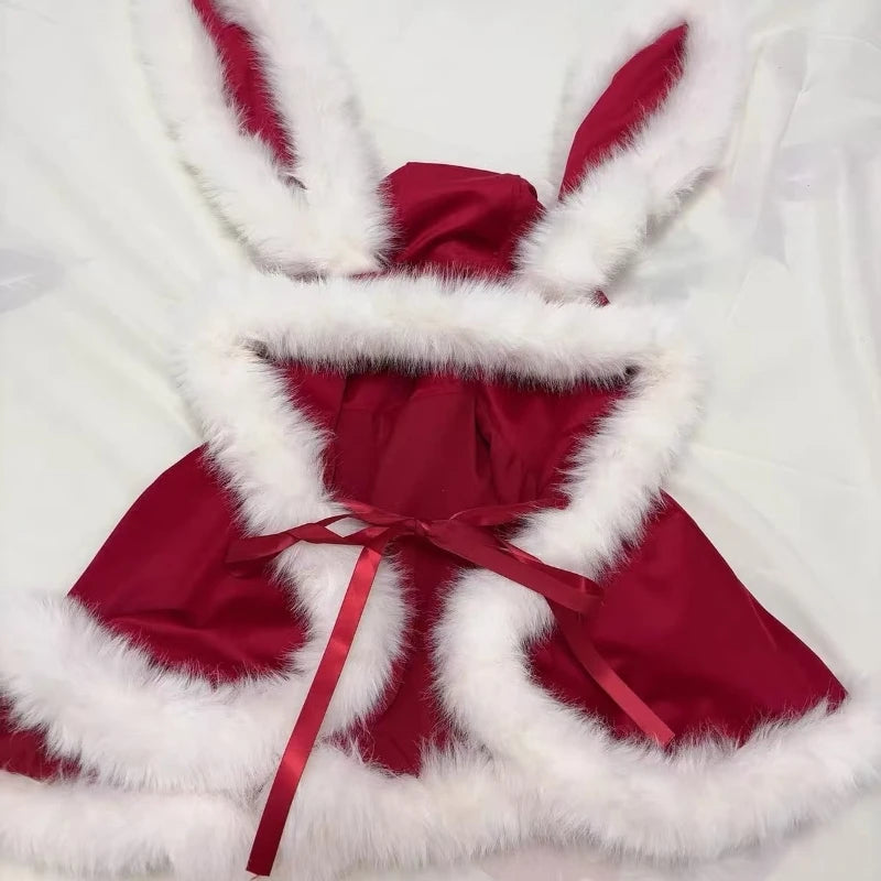 Cyflymder  Red Autumn Winter Christmas Lolita 2 Piece Sets Women Sweet Plush Bunny Ear Hooded Cloak Coat Bow Mini Dresses New Year Y2k Suit