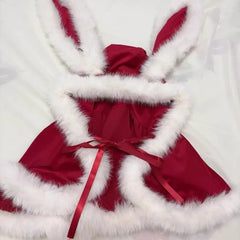 Cyflymder  Red Autumn Winter Christmas Lolita 2 Piece Sets Women Sweet Plush Bunny Ear Hooded Cloak Coat Bow Mini Dresses New Year Y2k Suit