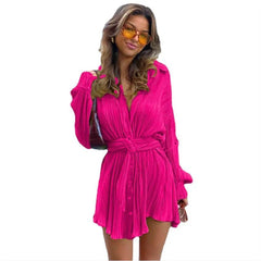 Cyflymder  Women's Casual Faion Pleated Long irt Dr with Belt mid Waist ort Skirt Length Pure Color Winter Season Long Sve