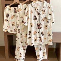 Cyflymder  Japanese Style INS Cute Dog Pyjamas Women's Short Sleeve Spring Summer Season Net Red Popular Homewear Three-piece Set