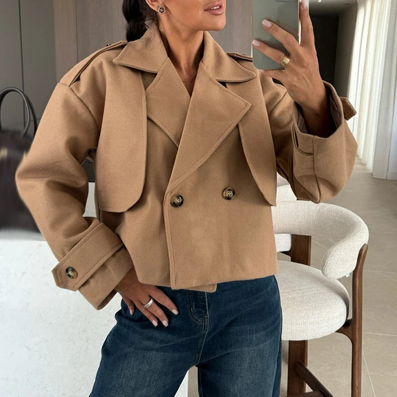 Cyflymder  Fashion Double Breasted Warm Outwear Ladies Casual Streetwear Solid Color Coat Elegant Office Lapel Long Sleeved Autumn Jacket