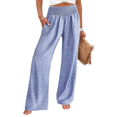 Cyflymder  Women Casual Pants Loose Fit Elastic Waist Trousers High Waist Gingham Print Wide Leg Pants Green Gingham Straight Cut Pants