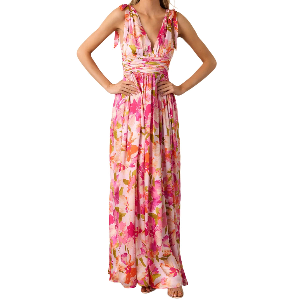 Cyflymder  Elegant Maxi Dress with Boho Floral Print Stylish V-Neckline and Chic Tie-Up Shoulder Detail Perfect for Summer Casual Wear