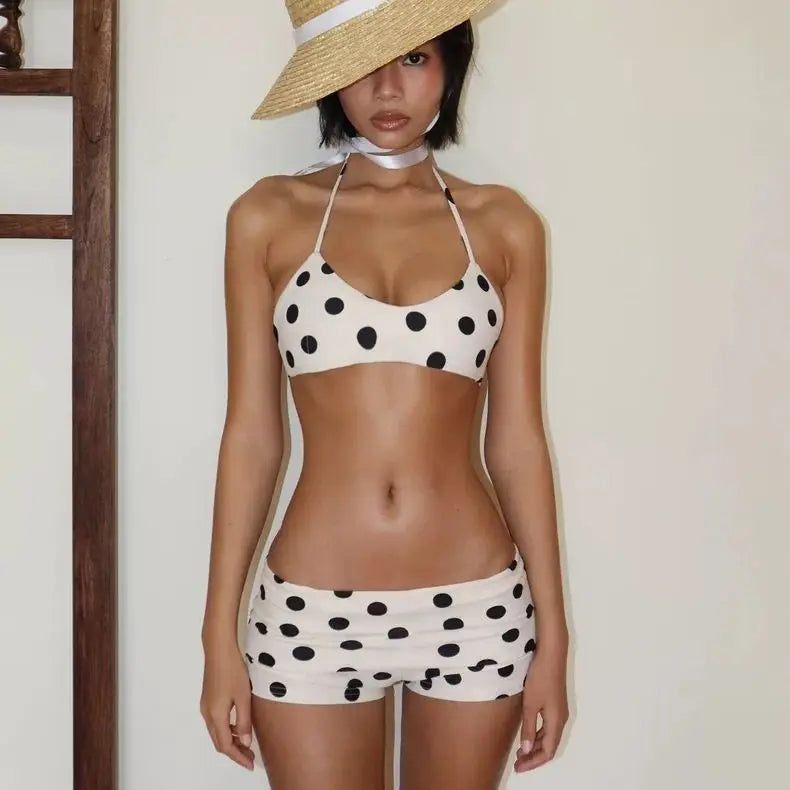 Cyflymder  Women's Polka Dot Halter Bikini Set Two Piece Swimsuit with Shorts Retro Beachwear for Summer Vacation Pool Party Swimwear