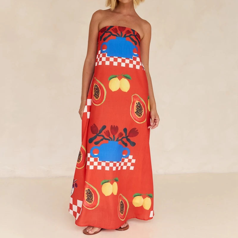 Cyflymder  Beach Holiday Strapless Maxi Tube Dress Vintage Fruit Print Backless Swing Loose Dress Women Summer Boho Off Shoulder Long Dress