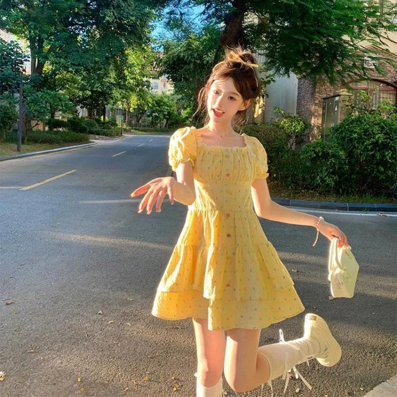 Cyflymder  Woman Dress Polka Dot Rainbow Ruffles Square Collar Puff Short Sleeve Elegant Mini Dresses Party Sweet Female Casual