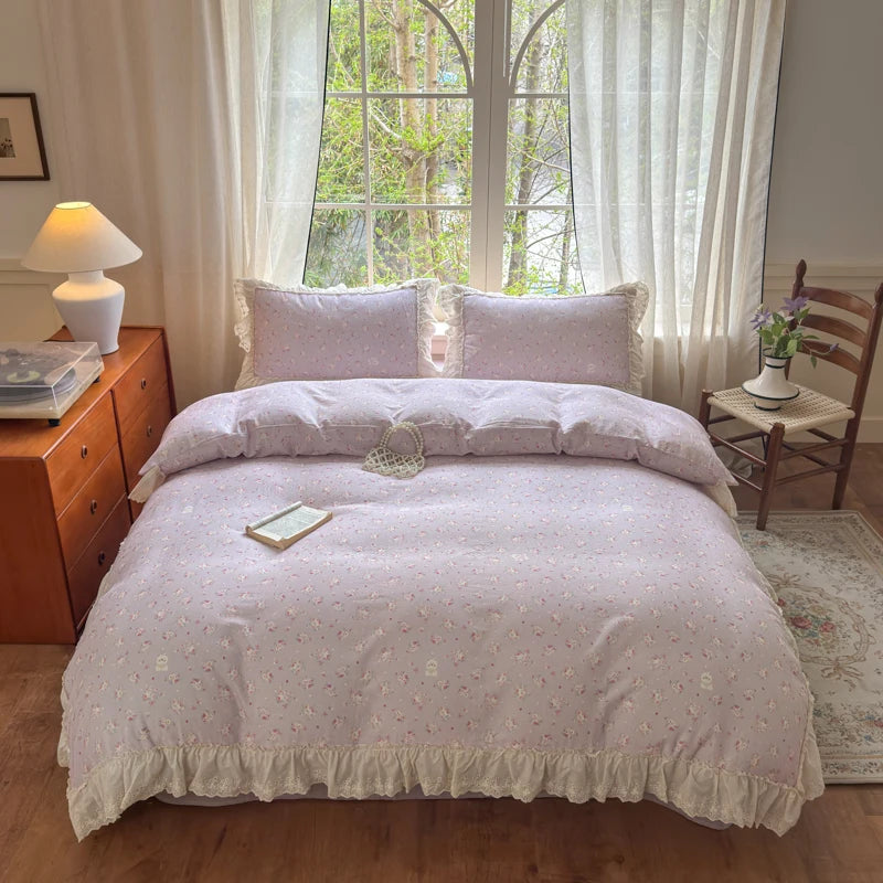 Cyflymder  Korean Princess Style Floral Lace Ruffles Bedding Set 100% Cotton Double Yarn Duvet Cover Flat/Fitted Bed Sheet Pillowcases 4Pcs