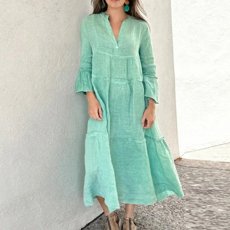 Cyflymder  Simple Autumn Flare Sleeve Cake Party Dress Fashion Solid Loose Cotton Linen Dress Women Spring V Neck Button Pleated Long Dress