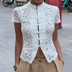 Cyflymder  Y2k Lace Hollow Out Shirts Cardigan Women's Short Sleeve See-Through Patchwork Commute Top Female Summer Lace Blouses
