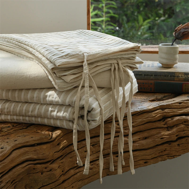Cyflymder  Linen Cotton Simple Stripes Jacquard Nordic Style Bedding Set Single Double Queen King Duvet Cover Flat/Fitted Sheet Pillowcase
