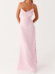 Cyflymder  Elegant Floral Print Sleeveless Maxi Dress with V-Neckline and Side Slit for Wedding Guest Evening Party Prom Beach Casual Wear