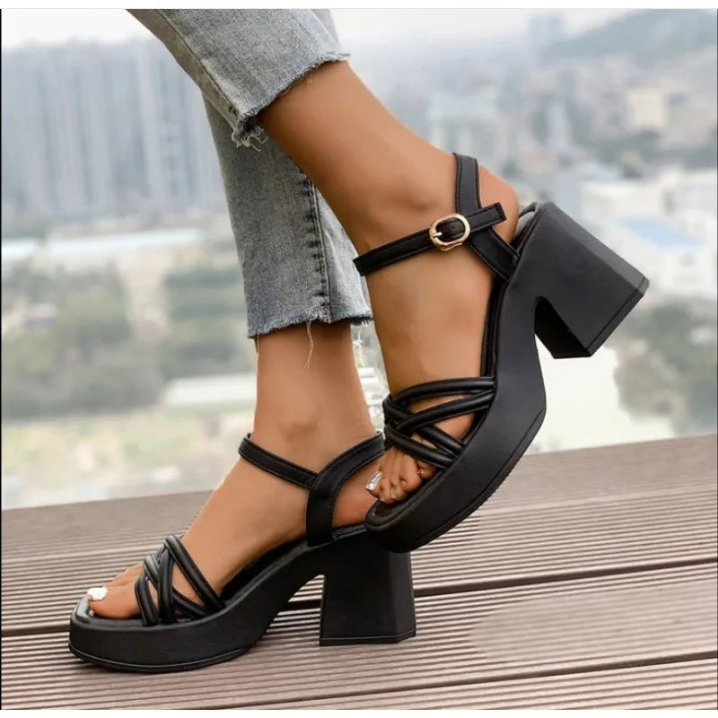 Cyflymder  Thick Heel Sandals for Women Shoes Summer Outside 2025 New Ankle Buckle Waterproof Platform Cross Strap High Heels Black White