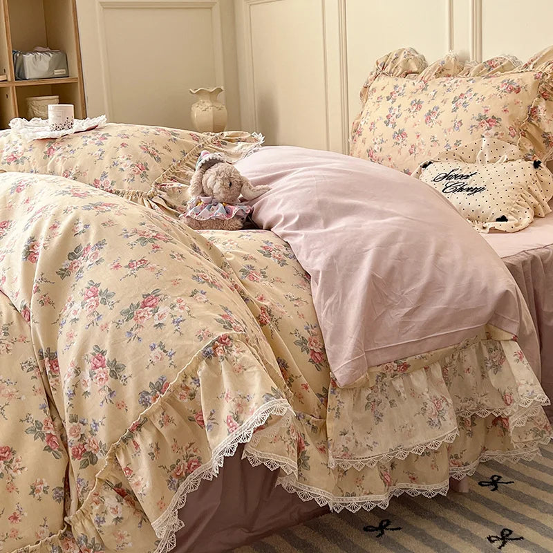 Cyflymder  Korean Princess Style Ruffles Flower Print Bedding Set Duvet Cover Set Bed Skirt Bedspread Pillowcases 100% Cotton Home Textile