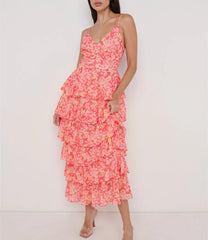 Cyflymder  Women Floral Print Long Dress V-Neck Tiered Ruffles Sleeveless Cami Dress Summer Casual Beach Party Dress