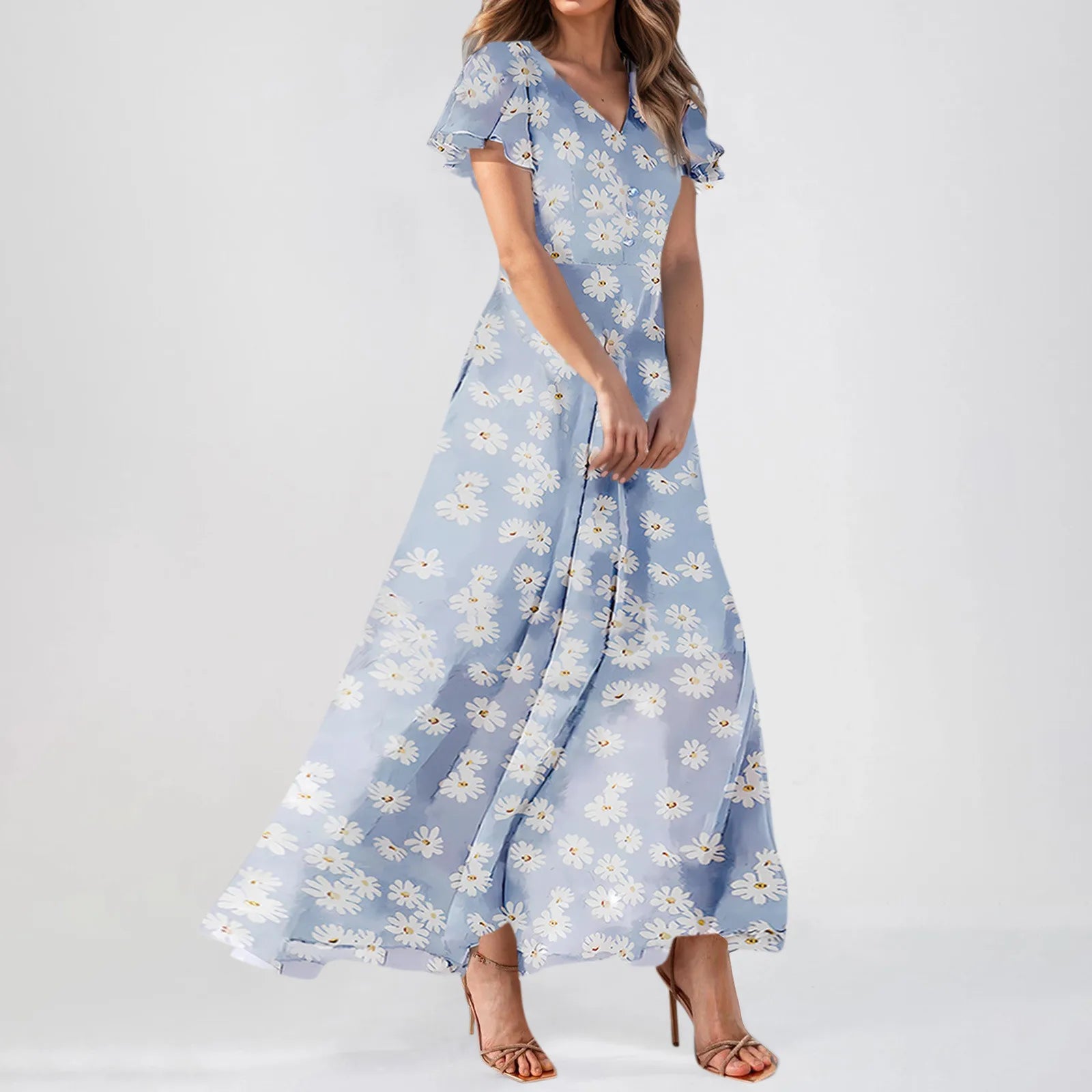 Cyflymder  Summer Beach Style Women'sFloral Dresses Casual Short Sleeve Maxi Long Shirts Floral Maxi Dresses Wedding Guest Flowing Dresses