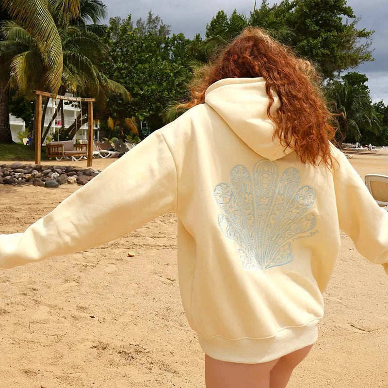 Cyflymder  Embroidery Hibiscus Sweatshirt Preppy Oversized Graphic Hoodies Women Teen Girls Pullover Coastal Palm Tree Tops