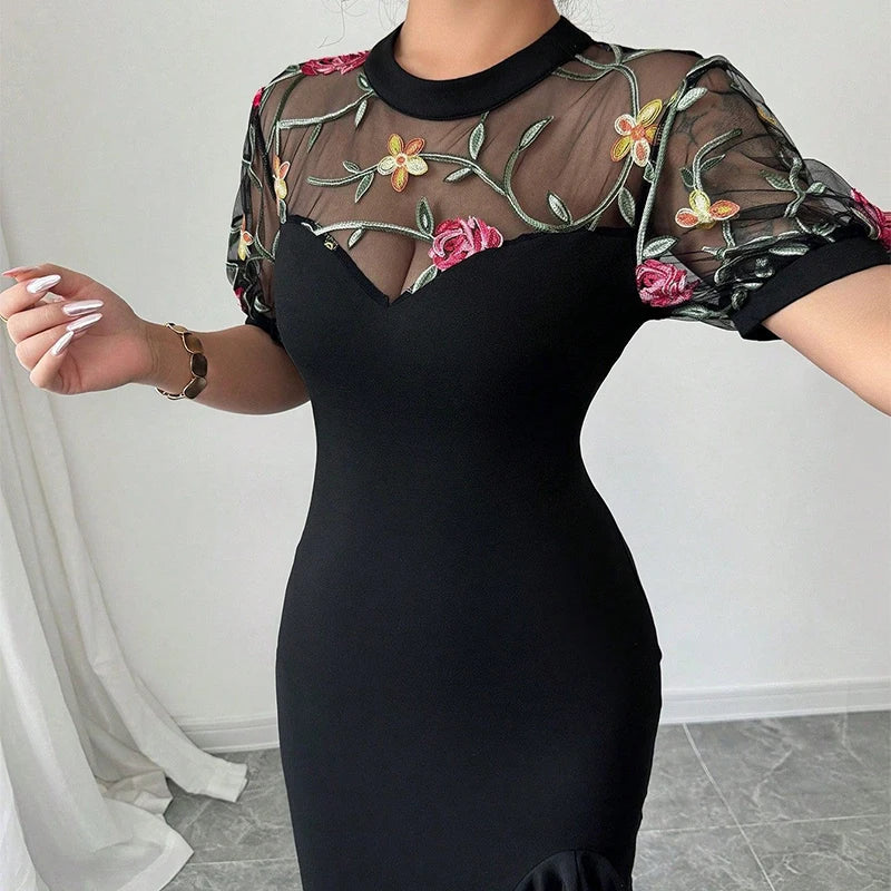 Cyflymder  Sexy Mesh Spliced Women Fishtail Dress 2025 Stylish Jacquard Irregular Hem Midi Vestidos Evening Party Female Black O-Neck Dress