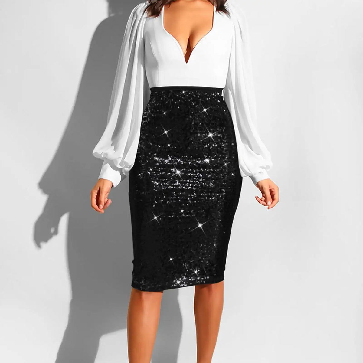 Cyflymder  Office Lady Mid Length Skirt Black Glitter Sequined Wrapped Hip Bodycon Pencil Skirt Women's High Waist Casual Party Skirt