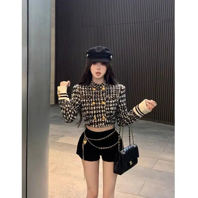 Cyflymder Women Suit Autumn/Winter New Small Fragrant Style Plaid Long Sleeve Slim Short Coat High Waist Wrap Hip Shorts Set Two Piece Set