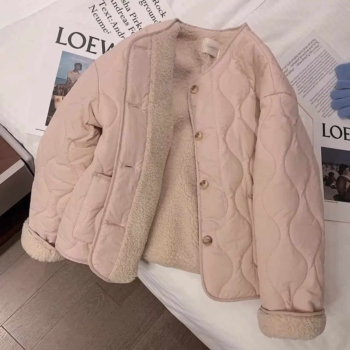 Cyflymder  Lamb Wool Cotton-padded Quilted Coats Women Wool-liner Warm Diamond Grid Jacket Lightweight Single-breasted Winter Short Coats