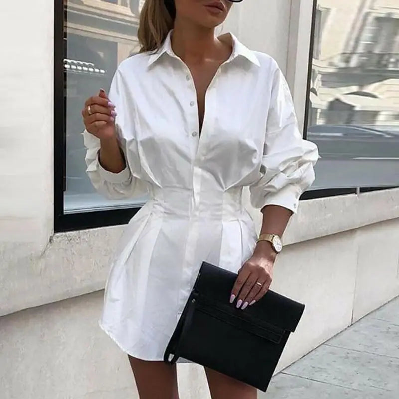 Cyflymder  Faionable Loose Long Sve Women's irt Waist-Cinching Midi Dr Trendy Street Sle Pure Color  Collar Button Detail