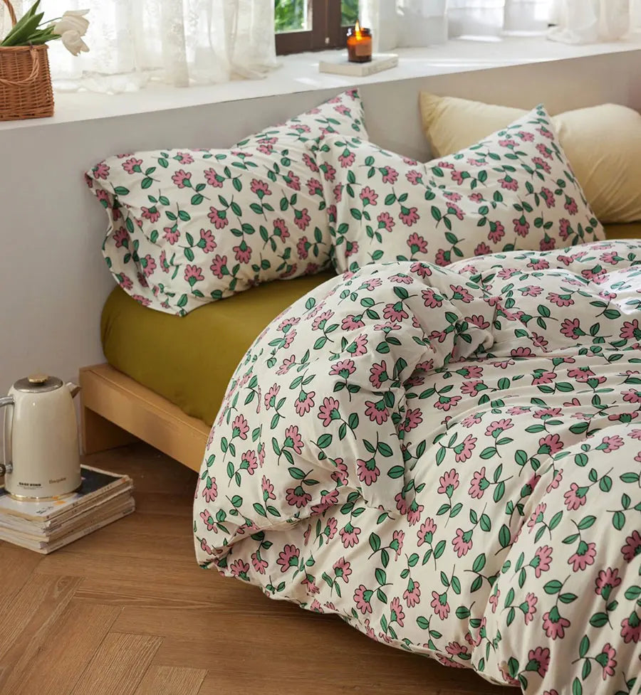 Cyflymder  Romantic sweet flower bedding set,full queen king green red floral knit cotton home textile flat sheet pillow case quilt cover