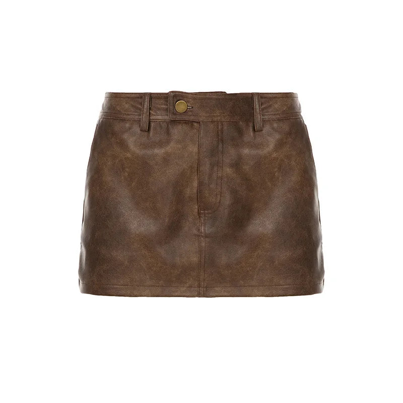 Cyflymder  Vintage Brown PU Leather Mini Skirt Women Fashion High-waisted Slim Fit Button Up Pocket Patchwork Wrapped Hip Lined Skirts
