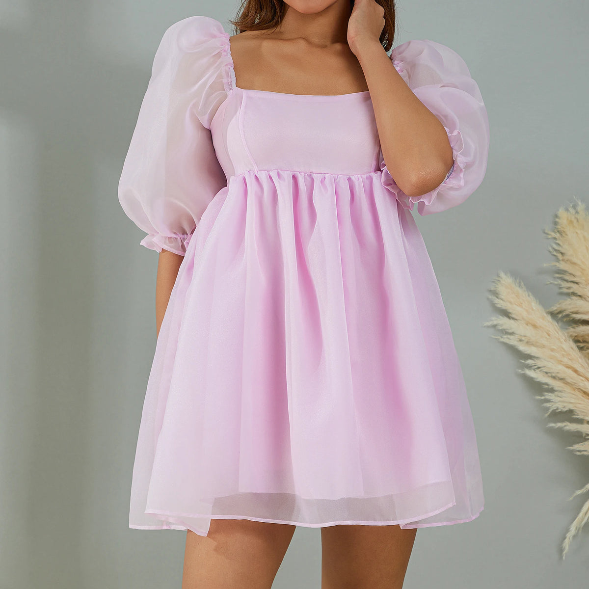 Cyflymder  Women Summer Party Puffy Dress Solid Color Square Neck Bubble Sleeve Short Dress for Ladies Pink/Purple/Yellow