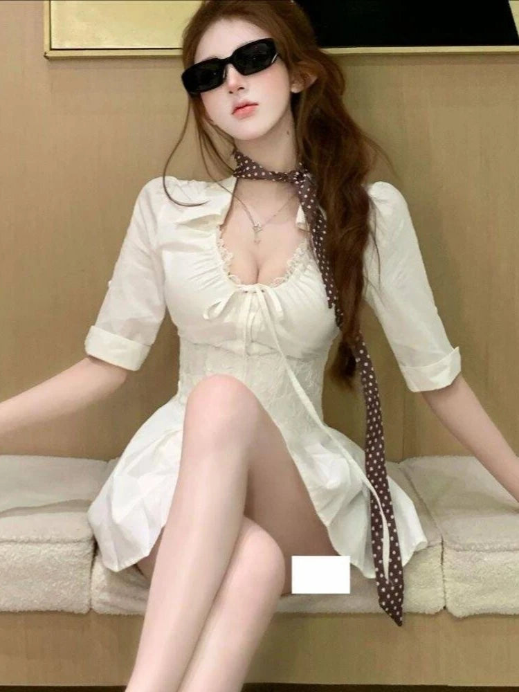 Cyflymder  Summer Elegant Korean Fashion Mini Dress Women Puff Half Sleeve Ruched Lace Trim Bow Tie Slim Fit Mini Dress Casual Outfit New