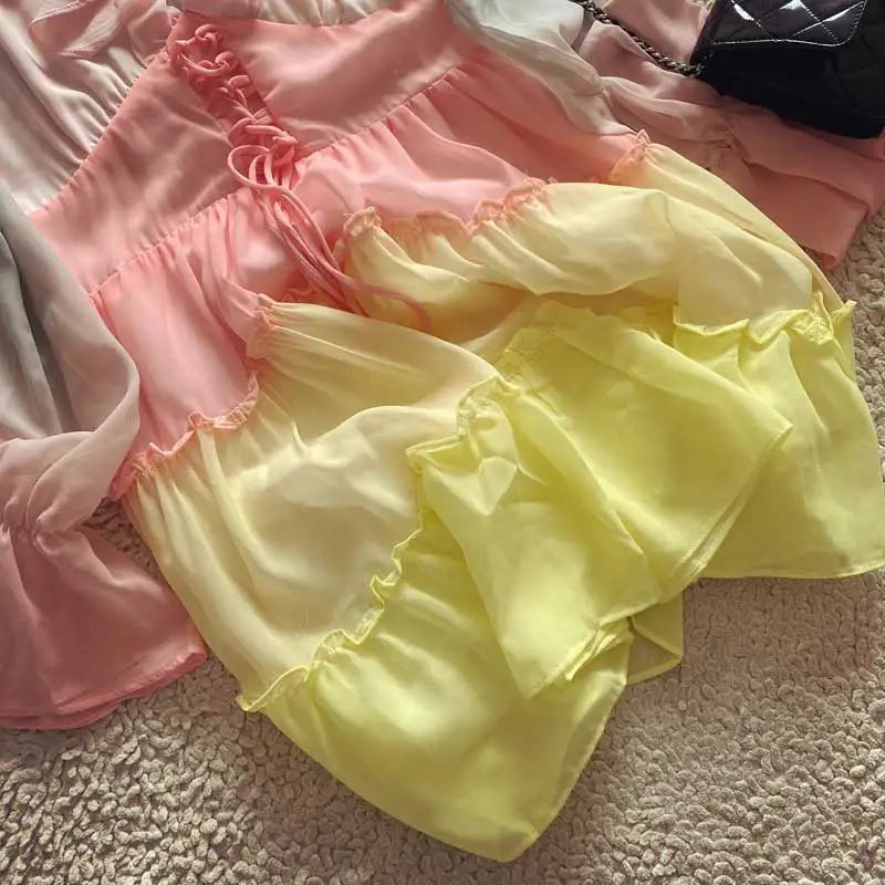 Cyflymder  rainbow DRESS women V-neck Tiered ruffle trim Summer dress holiday boho beach dress female