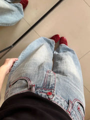 Cyflymder  Y2K Light Blue Embroidered Wide Leg Jeans High Waisted Loose Curved Knife Pants for Women Spring Summer