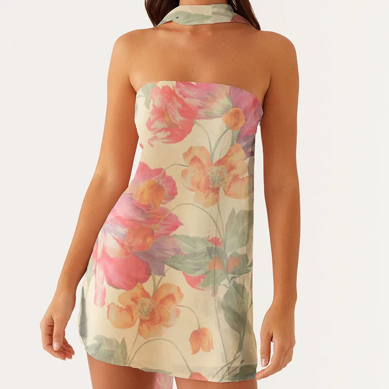 Cyflymder  Sexy Floral Strapless Tube Mini Dress Y2K Slim Fit Backless Bandeau Dress Going Out Night Party Vocation Dresses