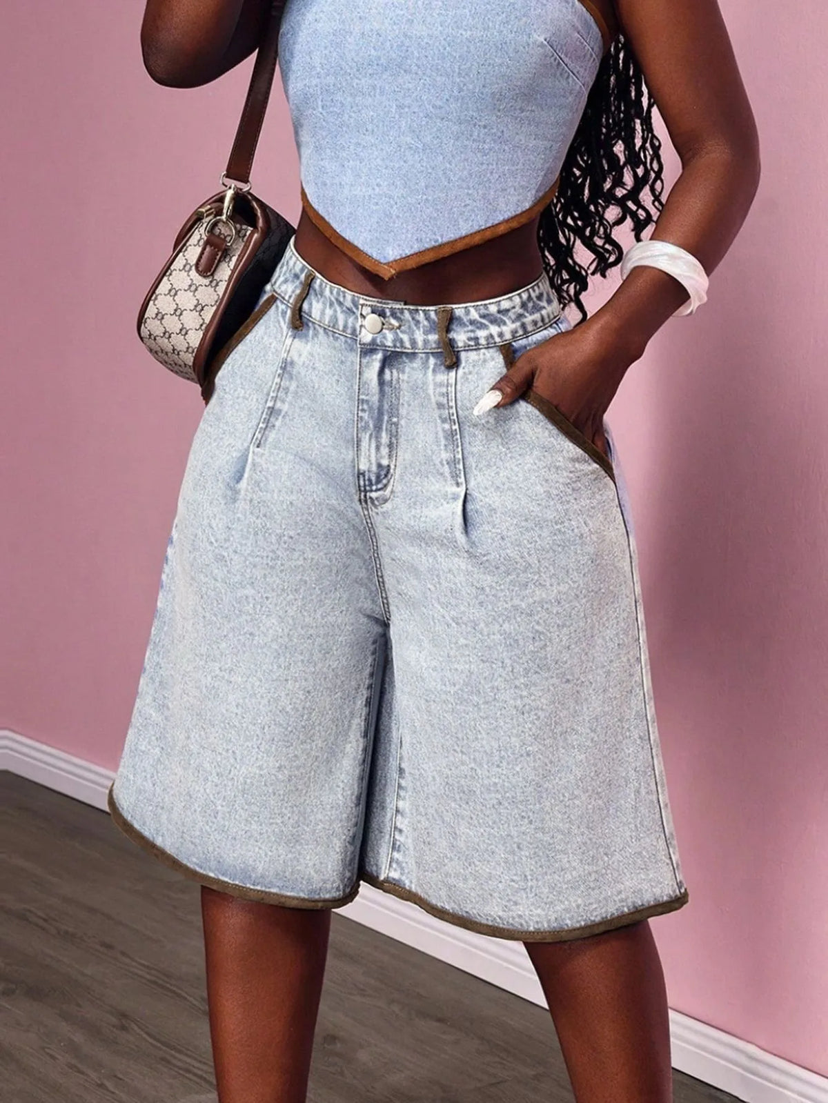 Cyflymder  Spring Women's Clothing Contrast Trim High Waist Denim Shorts For Woman Light Wash Ripped Jean Shorts Cotton Five Inch Length