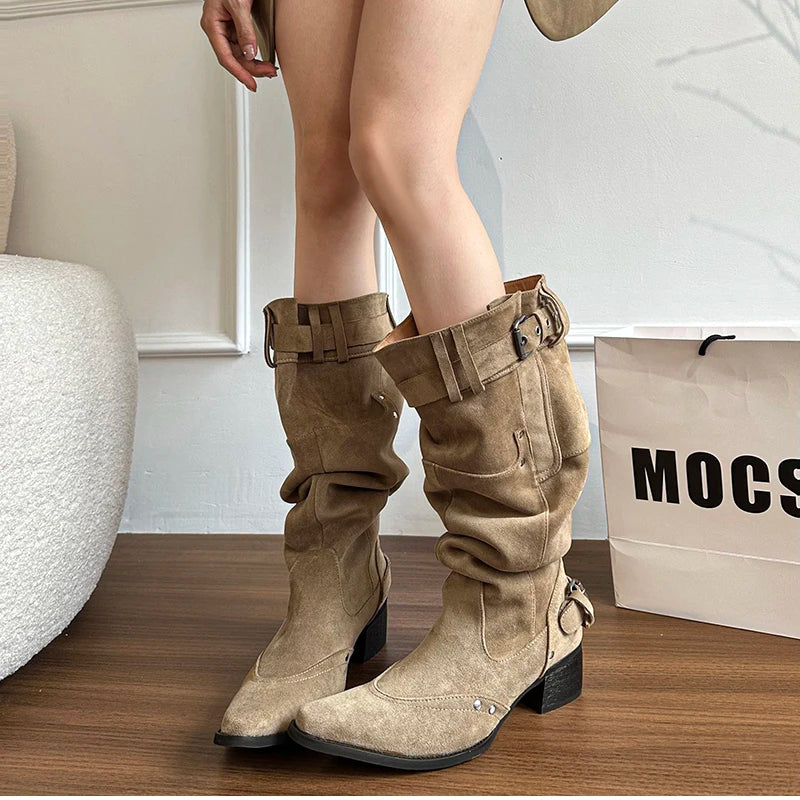 Cyflymder  Autumn Winter Pleated Women Western Cowboy Boots Vintage Square Low Heels Shoes Female Belt Buckle Long Booties
