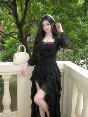 Cyflymder  Sexy Elegant Dark Camisole Dress Set Women Sheer Sleeves Lace Trim Ruched High Ruffle Hem Slim Fit Long Dress Elegant Outfit