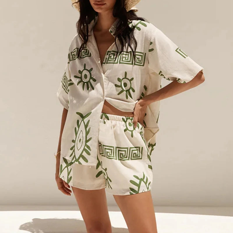 Cyflymder  Boho Beach Style 2 Piece Outfits Fashion Printed Short Sleeve Button Up Blouse Tops + Shorts Set Women Lounge Matching Beachwear
