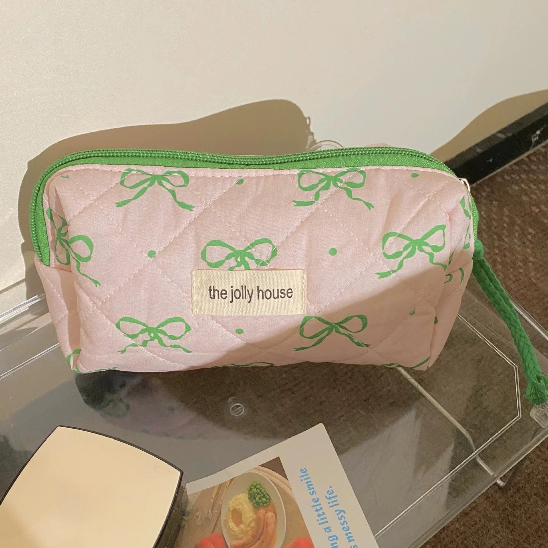 Cyflymder  1 Pc Korean Fashion Bow Pencil Case for Kids Girl Coffee Pink Green Color Dot Bow Stationery Bag Large Capacity Pen Storage Bag