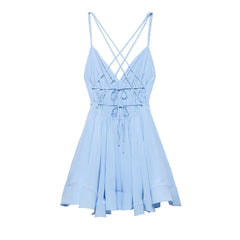 Cyflymder  Women's Summer Solid Pleated V-Neck Backless Mini Dress Fashionable Sling Lace-Up A-Line 2-Color Hot Girl Holiday Dress