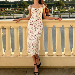 Cyflymder  Holiday Fashion Floral Printed Lace Patchwork Dress Romantic Elegant Slimming Straight Square Neck Midi Sundress Women's Dresses