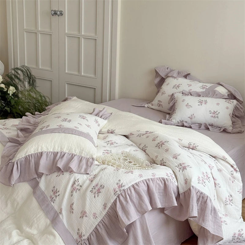 Cyflymder  Flowers Print Lace Ruffles Bedding Set 100% Cotton Double Layer Yarn Soft Duvet Cover Bed Sheet/Fitted Sheet Pillowcases 4Pcs