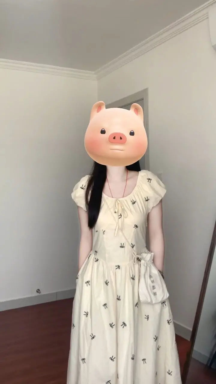 Cyflymder  French Retro Bow Printed Puff Sleeve Dress for Women New Style Waist-hugging and Slimming Vacation Long Skirt