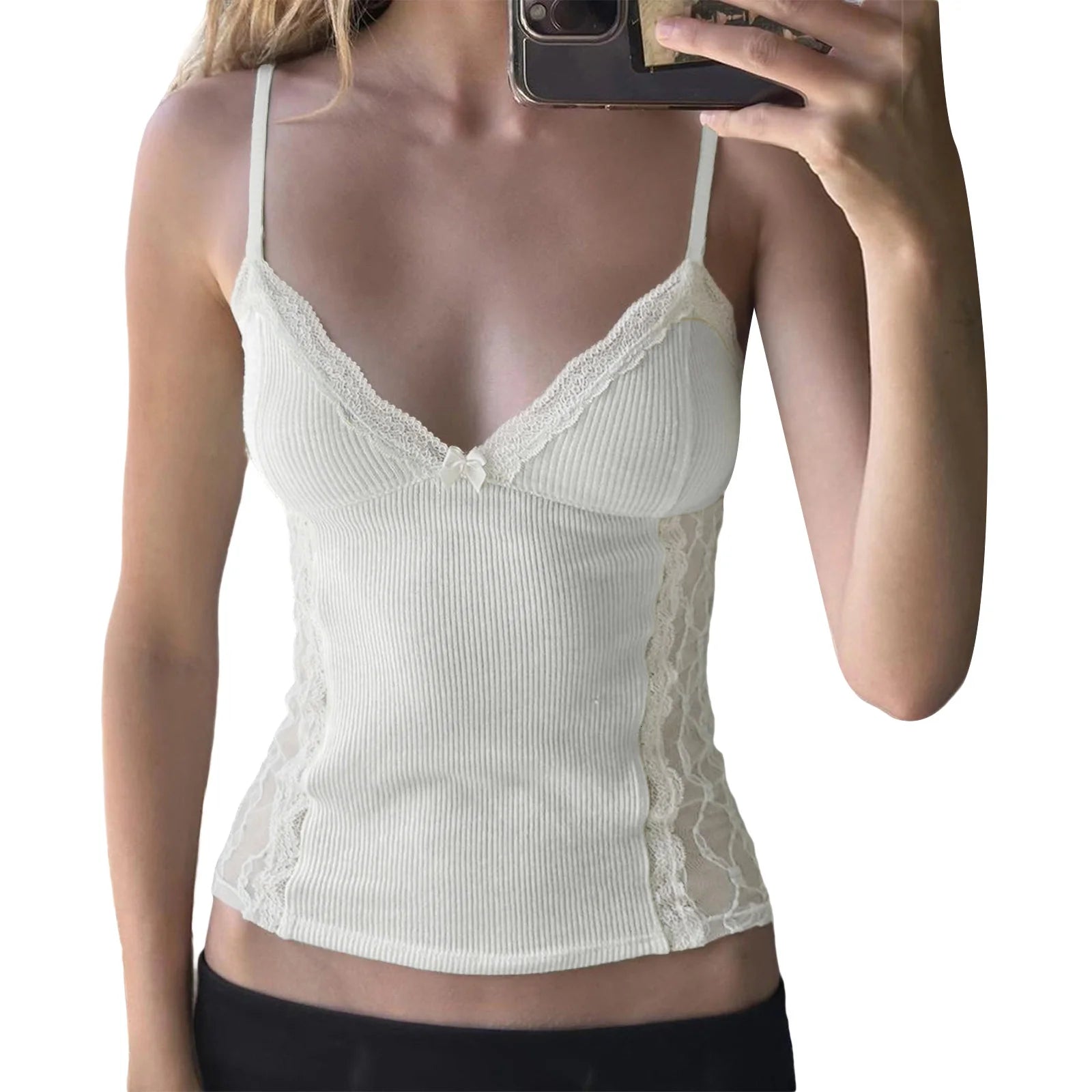 Cyflymder  Elegant Floral Embroidered Tank Tops Stylish Sleeveless V-Neck Blouse Chic Lace Trimmed Camisole Fashionable Summer Shirts with