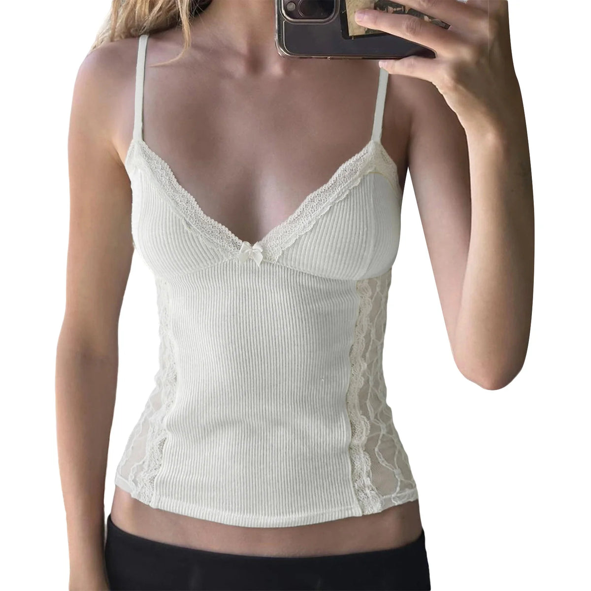 Cyflymder  Elegant Floral Embroidered Tank Tops Stylish Sleeveless V-Neck Blouse Chic Lace Trimmed Camisole Fashionable Summer Shirts with