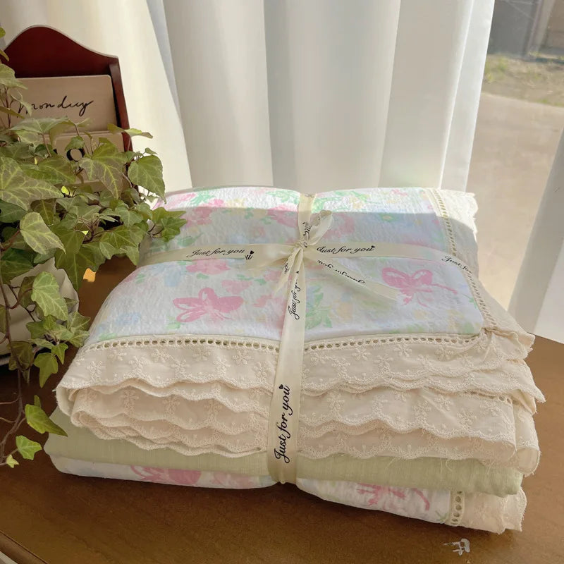 Cyflymder  New A-Class Hollow Lace Bedding Set Fitted Sheet Quilt Cover Pillowcase for Spring Summer Korean Skin Friendly Cozy Bedclothes