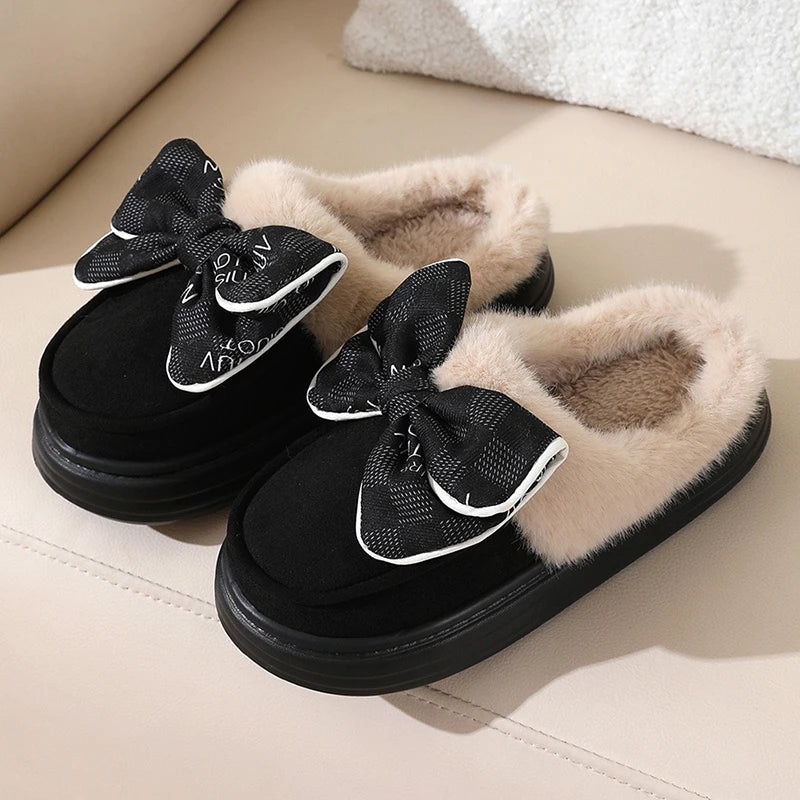 Cyflymder Women's Warm Home Slippers Cute Autumn Winter Bow Thick Plush Non-Slip Leisure Shoes Soft Bedroom Platform Flat Slides