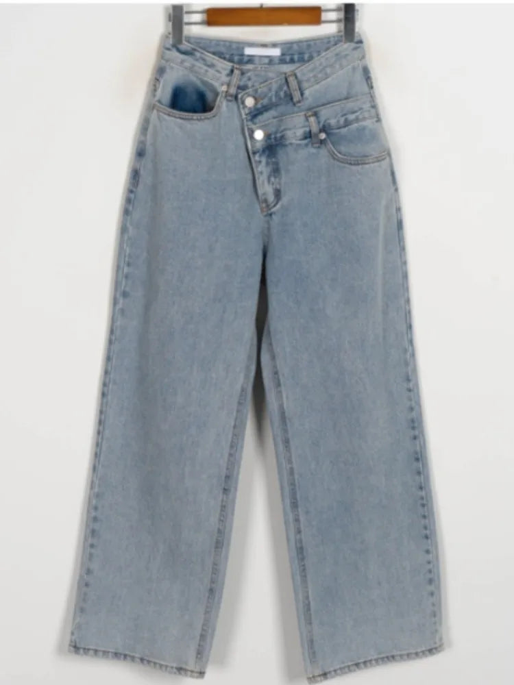 Cyflymder  High Waist Asymmetric Two Button Vintage Straight Leg Wide Leg Casual Jeans Women's Chic Spring New Sle Casual Loose Fit