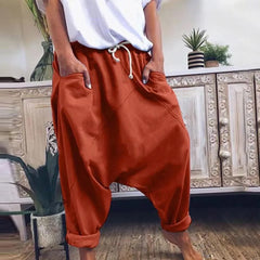 Cyflymder  Women Harem Pants Cotton Drawstring Waist Harem Trousers Wide Leg Drop Crotch Pants Hip Hop Side Pockets Baggy Pants Rolled Cuff